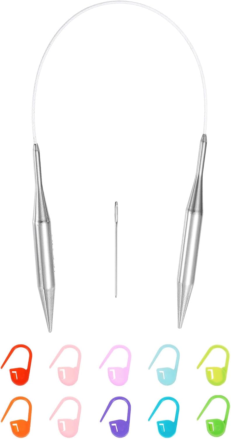 15 Gauge Knitting Circular Needle 16 Inch(40cm) Metal Round Stainless Steel Needle with Large Eye Sewing & Stitch Markers for Handmade Projects DIY Knit Blankets