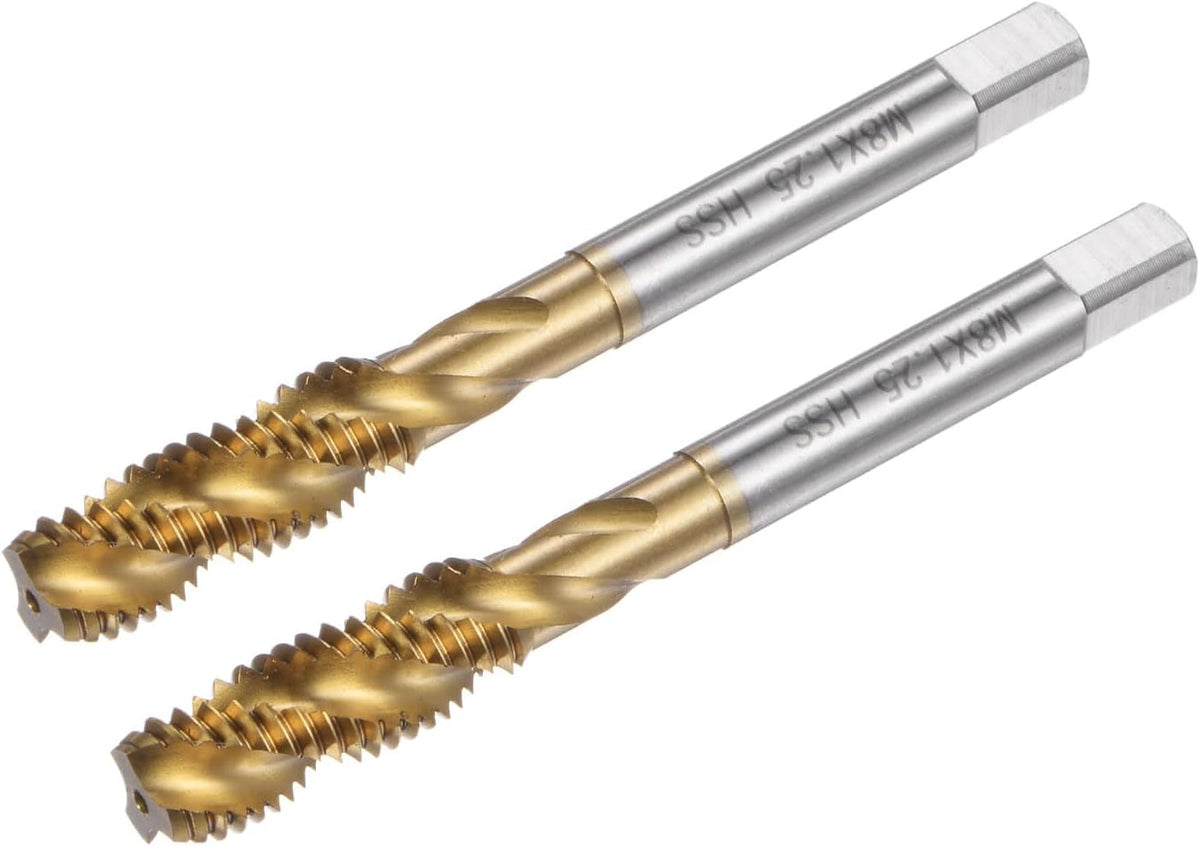2pcs Spiral Flute Thread Taps, Metric M8 x 1.25 H2 Screw Threading Tap, Titanium Coated M2 High Speed Steel Machine Tapping Tools for Machinist Repair