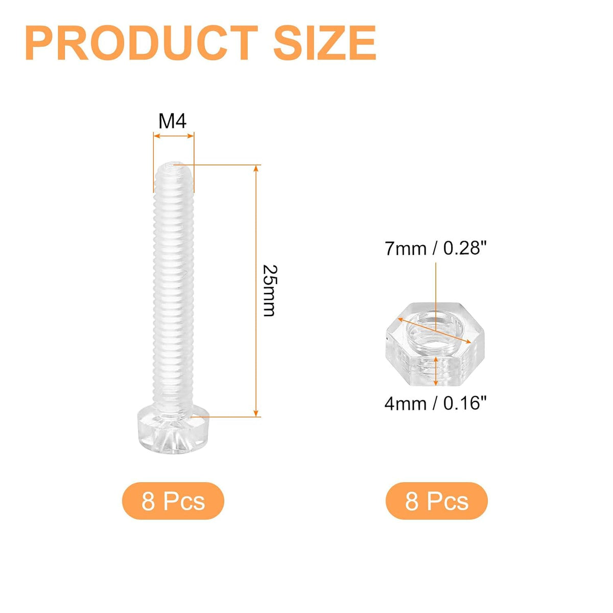 8Set Clear Acrylic Screws Kit, M4 x 25mm Round Head Phillips Bolts with Hex Nuts, Bolts and Nuts Kit for Machine Accessories Electronic Equipment DIY Crafts