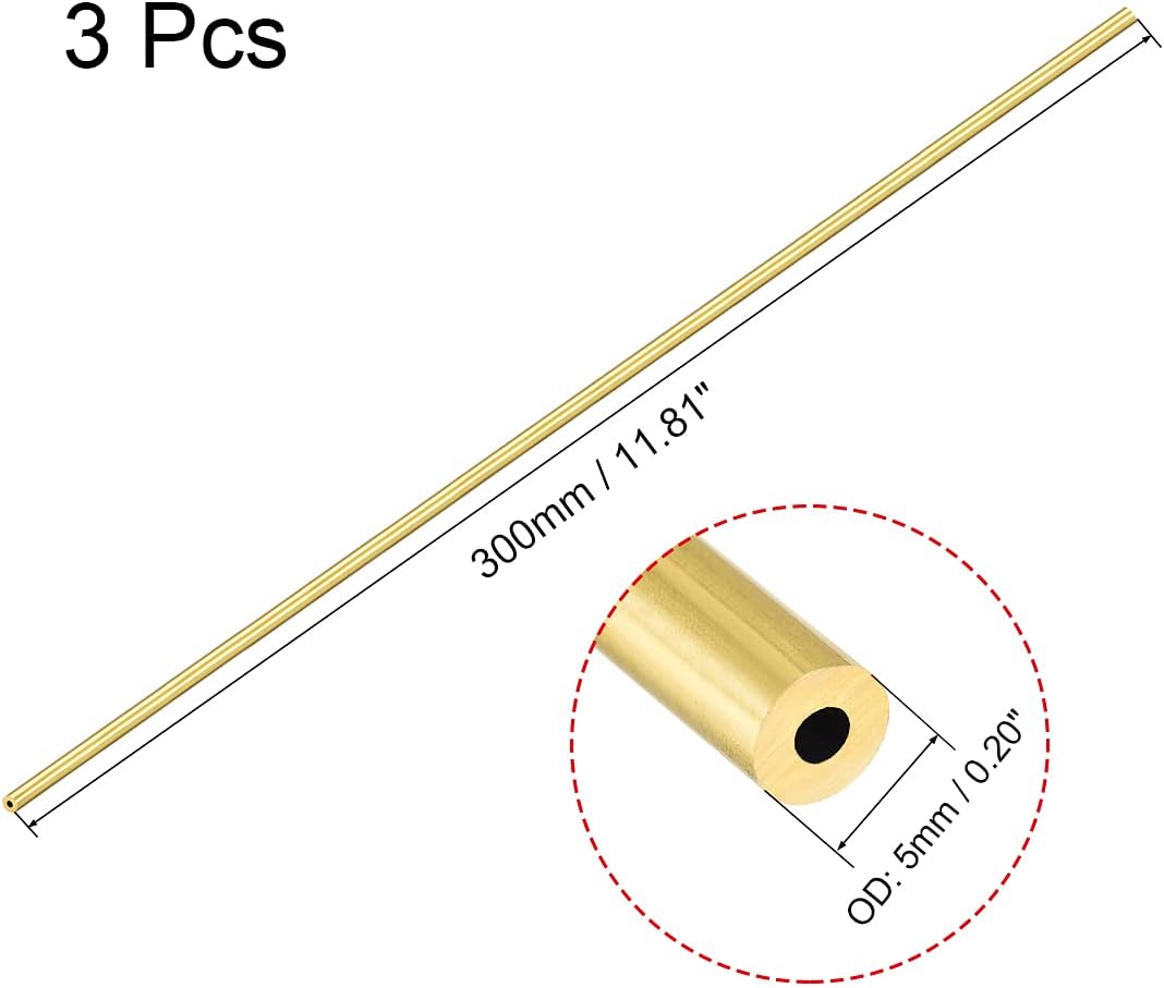 Brass Round Tube, 300mm Length 5mm OD 1.5mm Wall Thickness, Seamless Straight Pipe Tubing 3 Pcs
