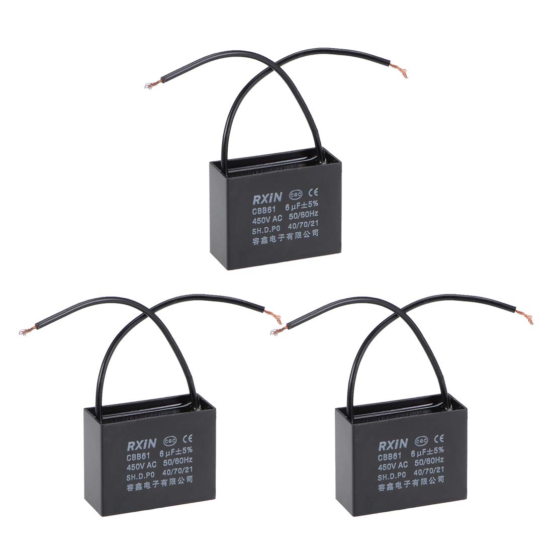 Ceiling Fan Capacitor CBB61 6uF 450V AC 2 Wires Metalized Polypropylene Film Capacitors 47x20x37.5mm for Water Pump Motor Generator, Pack of 3