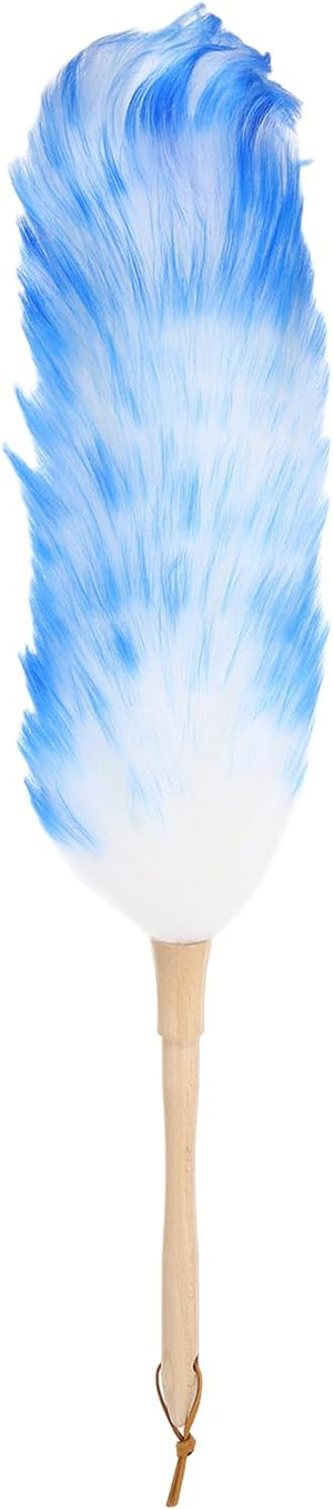Wool Duster, 24.4" Natural Feather Cleaner Household Cleaning Duster with Solid Wooden Handle for Cleaning Fans Window Blinds Shelves Furniture, White Blue