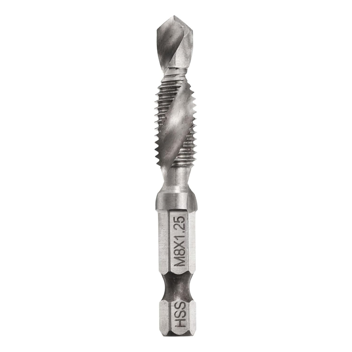 Combination Drill and Tap Bit, Metric M8 x 1.25 Thread 1/4" Hex Shank, Threading Screw Taps Spiral Flute Machine Drilling Tapping Tool, High Speed Steel (HSS) 6542