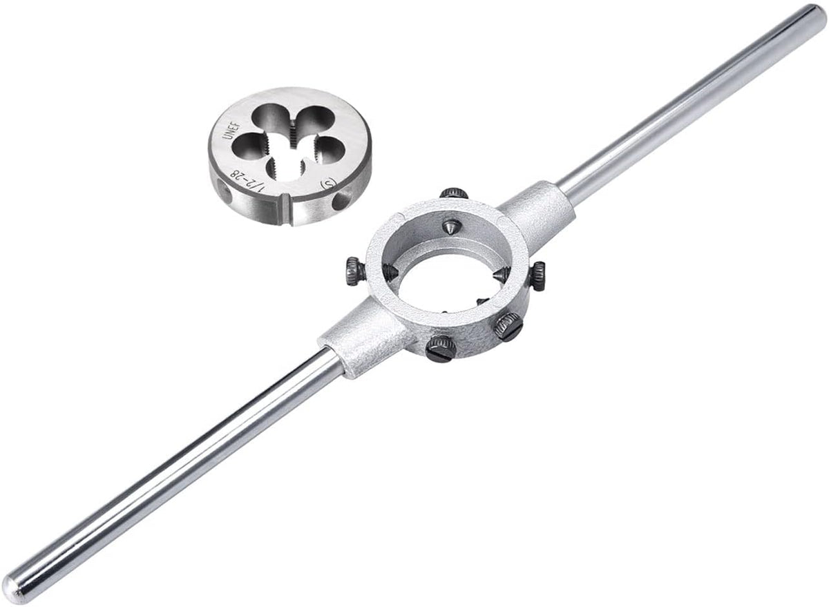 1/2-28 UNEF Round Die with M12-M14 Metric Round Die Stock Handle Wrench, High Speed Steel Machine Thread Round Die Threading Tool