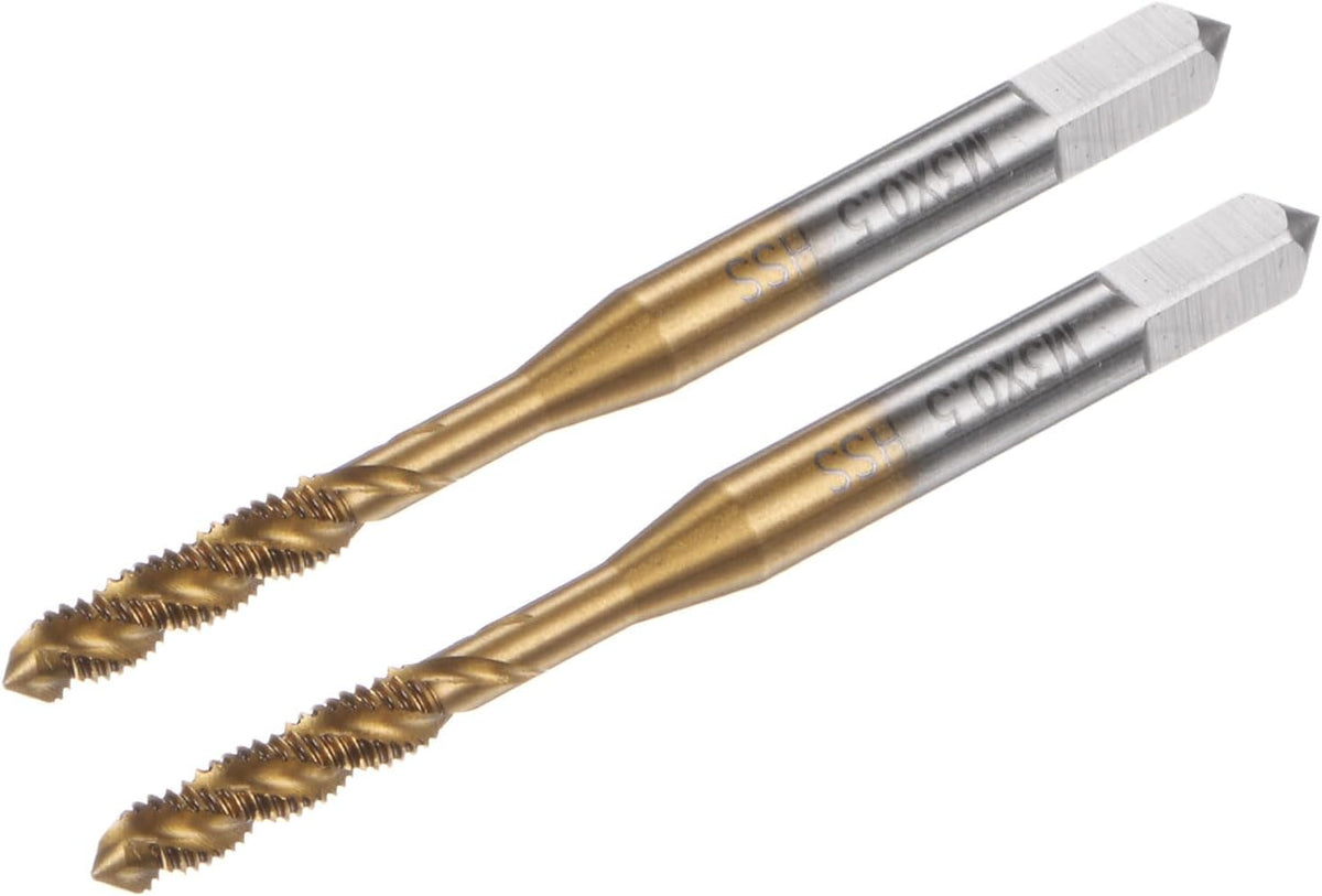 2pcs Spiral Flute Thread Taps, Metric M3 x 0.5 H2 Screw Threading Tap, Titanium Coated M2 High Speed Steel Machine Tapping Tools for Machinist Repair