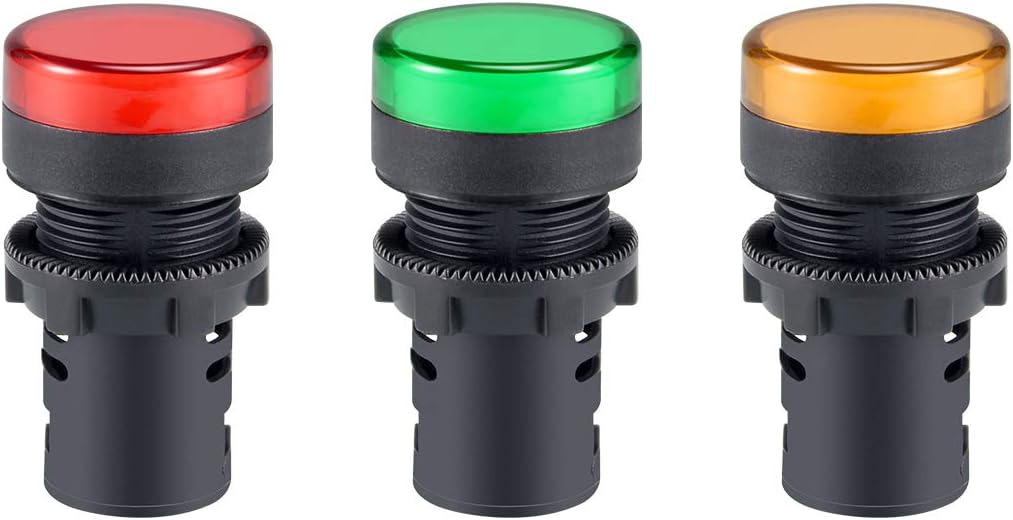 3Pcs Red Green Yellow Indicator Light AC/DC 24V, 22mm Panel Mount, for Electrical Control Panel, HVAC, DIY Projects