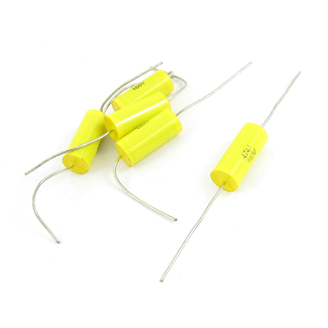 a14071000ux0340 5 Piece Yellow Axial Lead Metallized Polypropylene Film Capacitor, 0.47uF DC 100V