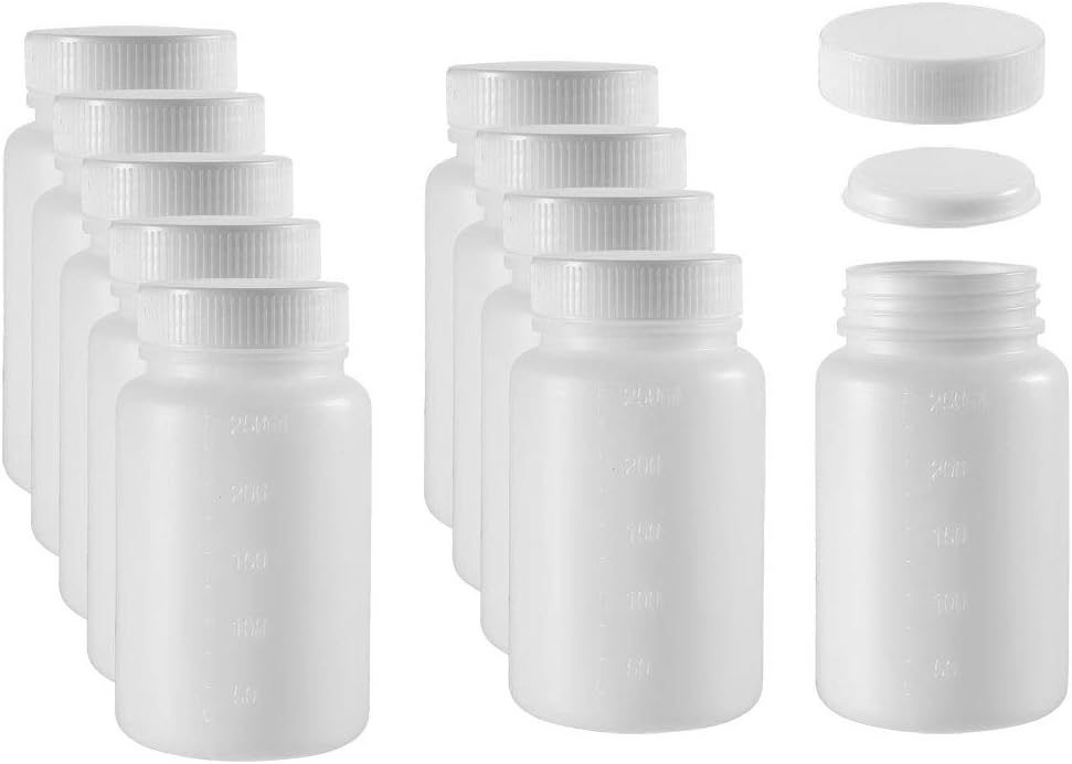 Plastic Lab Chemical Reagent Bottle, 8.5oz/250ml Wide Mouth Type Sample Sealing Liquid Storage Container 10pcs