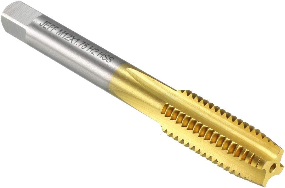 Metric Machine Thread Milling Tap M12 x 1.75 H2 Titanium Coated (Ti-coated) High Speed Steel 4 Straight Flutes Screw Thread Tapping Threading Machinist Repair DIY Tool