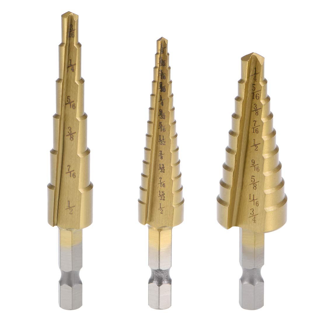 Step Drill Bit Set Set 1/4"-3/4" 1/8"-1/2" 3/16"-1/2" HSS 4241 Titanium Coated Straight Flutes Hex Shank for Metal Wood Plastic