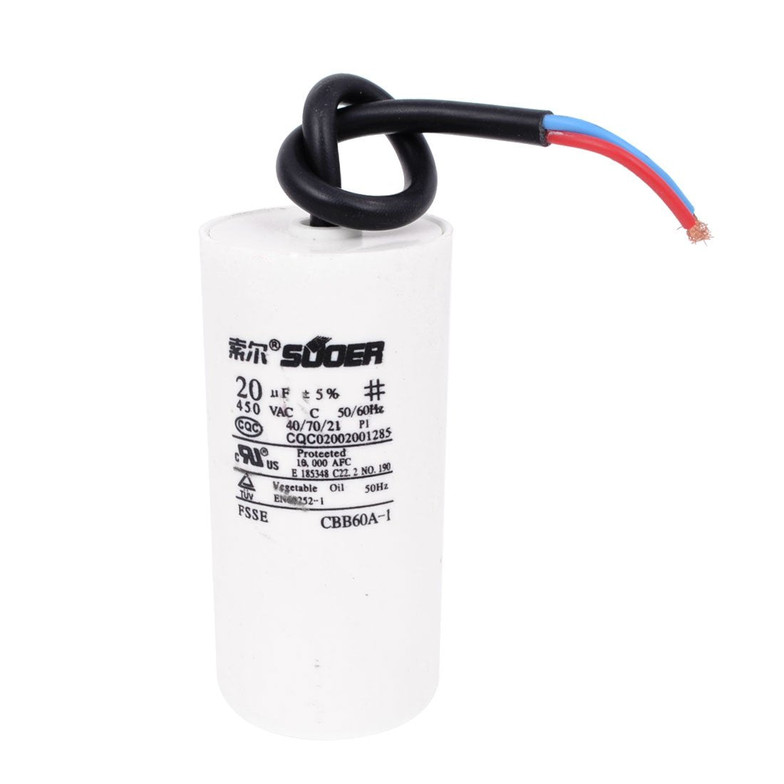 CBB60 Washer Polypropylene Film Motor Run Capacitor, AC450V 20UF