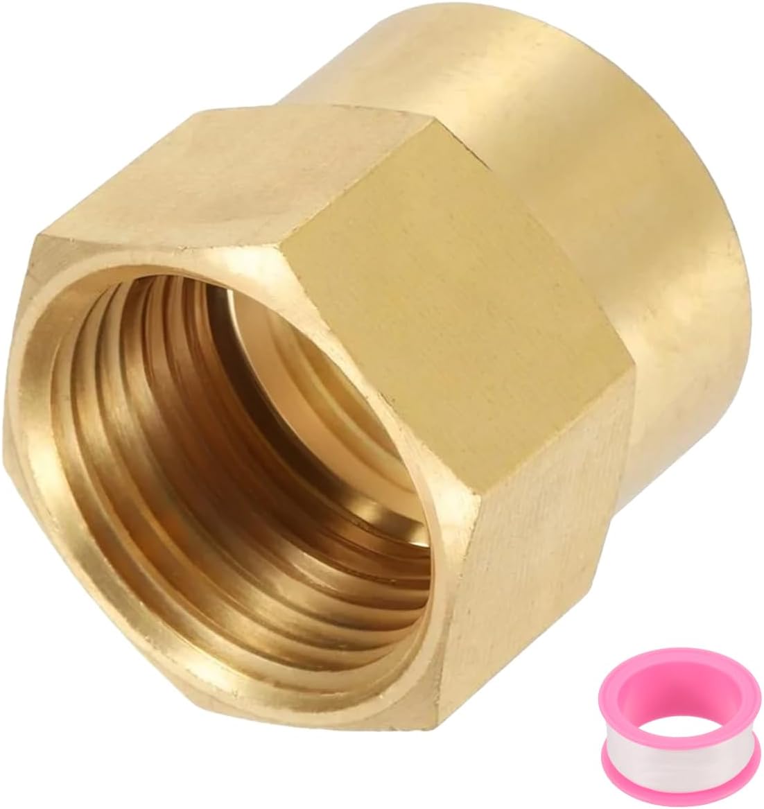 Brass Pipe Fitting, 3/4" GHT Female x 3/4" NPT Female Brass Hex Nipple Pipe Fitting Connector, 3/4" to 3/4" Female Pipe Fitting Adapter with PTFE, Gold Tone