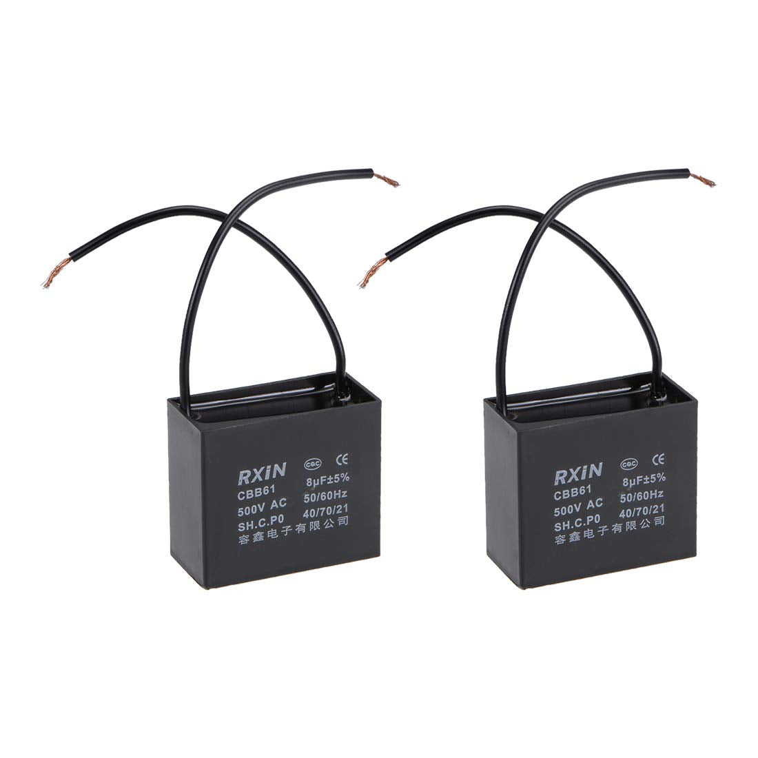 Ceiling Fan Capacitor CBB61 8uF 500V AC 2 Wires Metalized Polypropylene Film Capacitors 47x20x41mm for Water Pump Motor Generator, Pack of 2