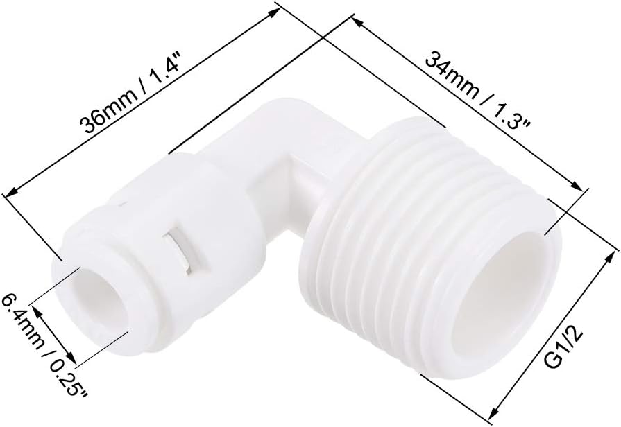 Quick Union Elbow Connector G1/2 Male Thread to 1/4" L Type Fittings for Reverse Osmosis Water Filtration, 36x34mm White 5Pcs