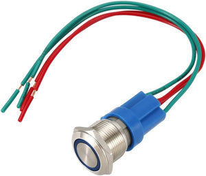 Latching Metal Push Button Switch 19mm Mounting Dia 1NO 12V Blue LED Light with Socket Plug Wires 1pcs