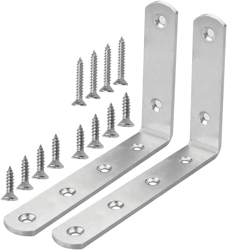 2pcs Angle Bracket Stainless Steel 150x100mm Corner Brace Fastener L Shaped Right Angle Brackets Corner Protector Shelf Support with Screws for Furniture Silver Tone
