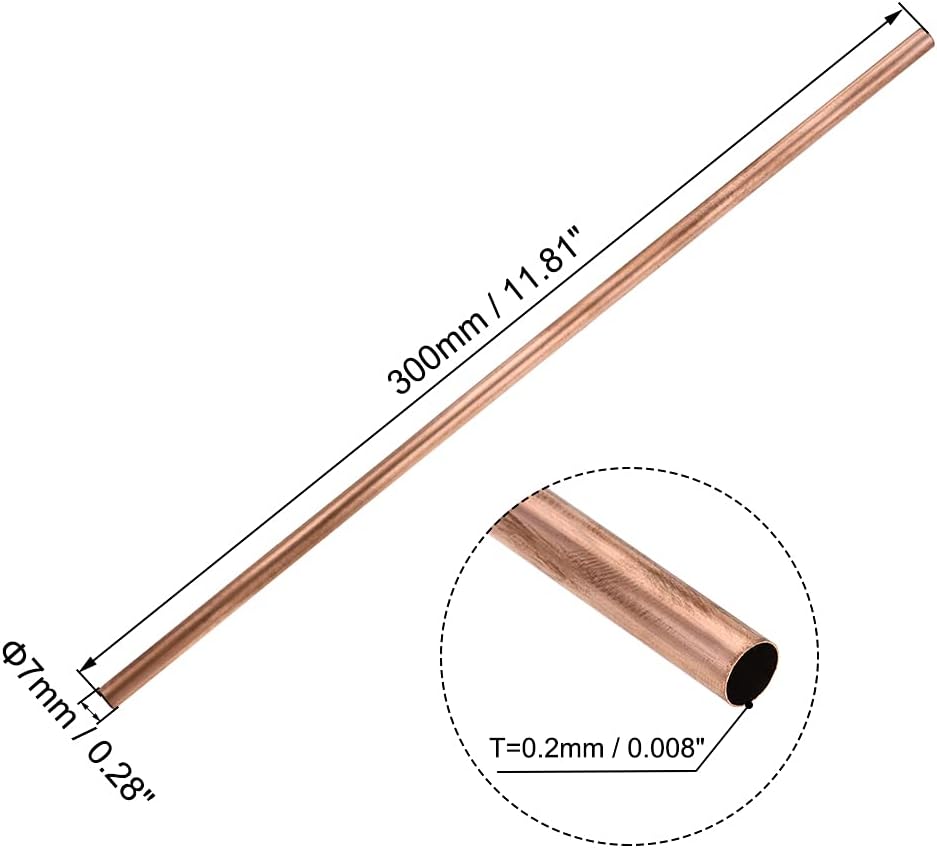 Copper Round Tube, 7mm OD 0.2mm Wall Thickness 300mm Length Straight Pipe Tubing 2 Pcs