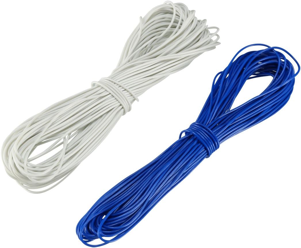 2 Pcs Wrapping Wire Tin Plated Copper Wire PCB Wires Cable P/N DM-30-1000 30 AWG 10M Length White blue for Eletronic Test