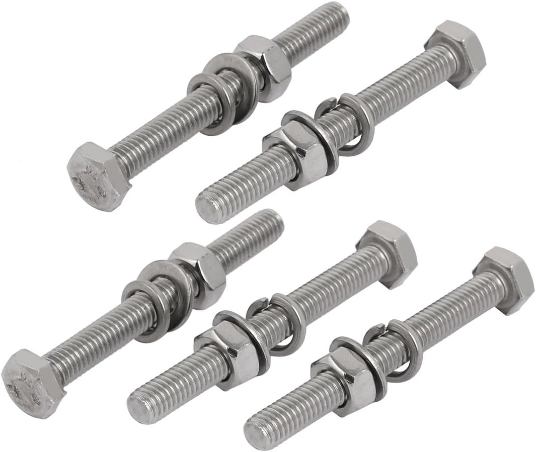 5pcs 304 Stainless Steel M6x60mm Hex Bolts w Nuts and Washers Assortment Kit