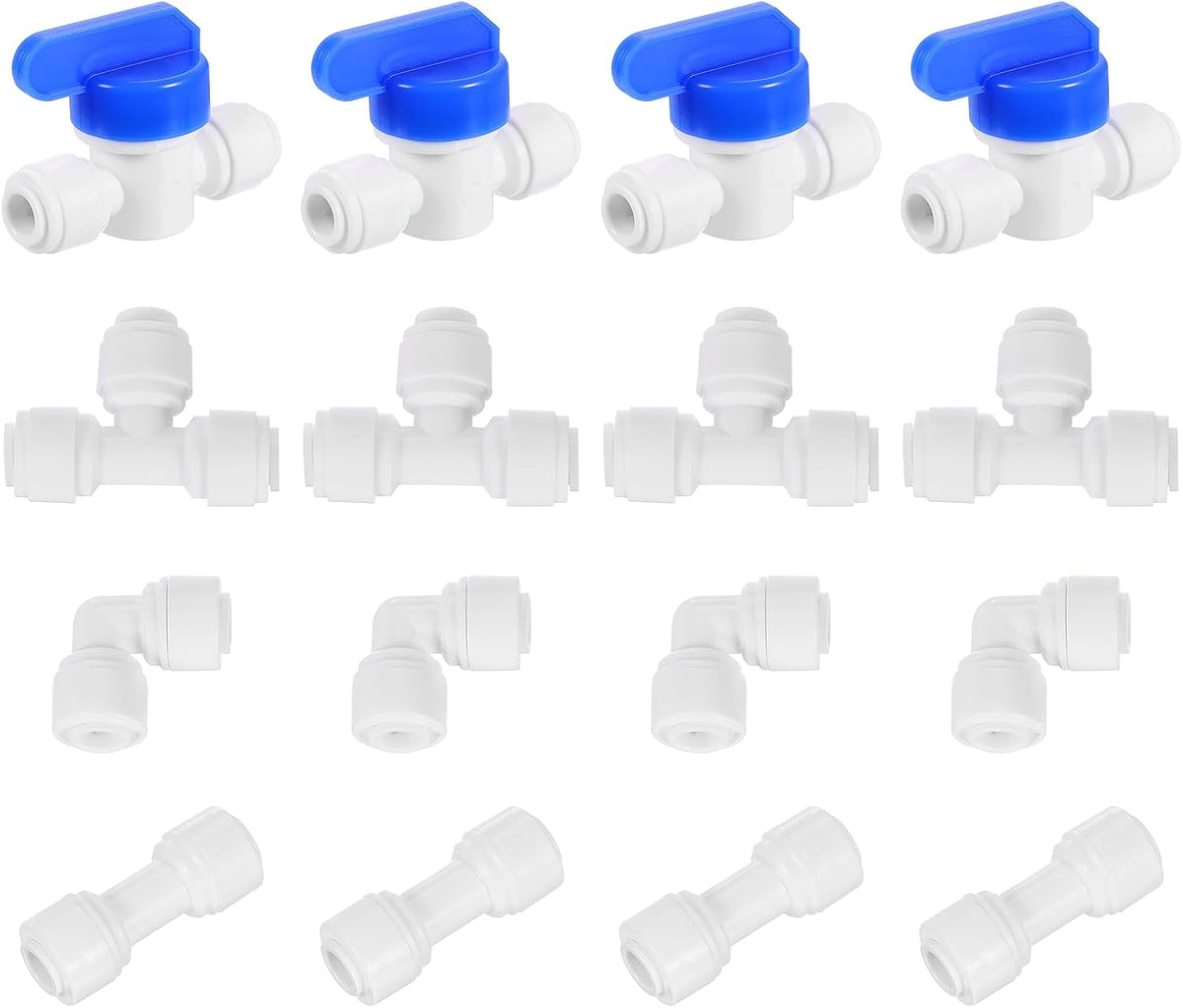 16Pcs Push to Connect Fittings Kit, 1/4" OD x 1/4" OD Air Hose Fittings Tube&Hose&Pipe Quick Connect Fitting (Ball Valve + Straight Coupling + Elbow Union + Tee Union) (6-6mm)