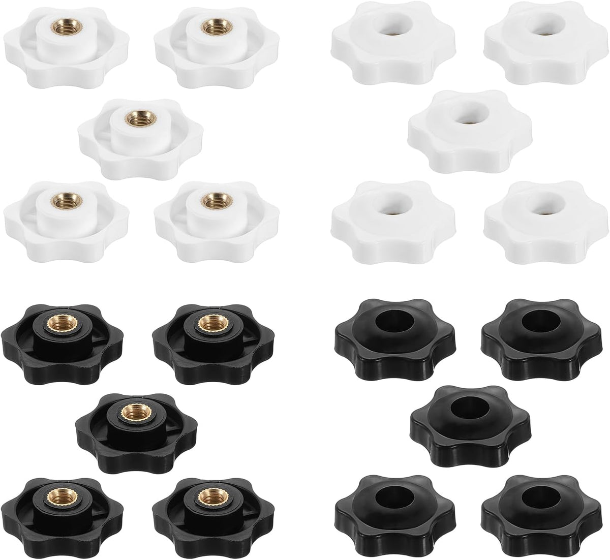 20pcs Clamping Star Knob Set M6 Metric Female Thread 32mm 6-Point Star Plastic Head Through Hole Brass Insert Screw-in Threaded Hand Knob Handles Jig Knobs, Black + White