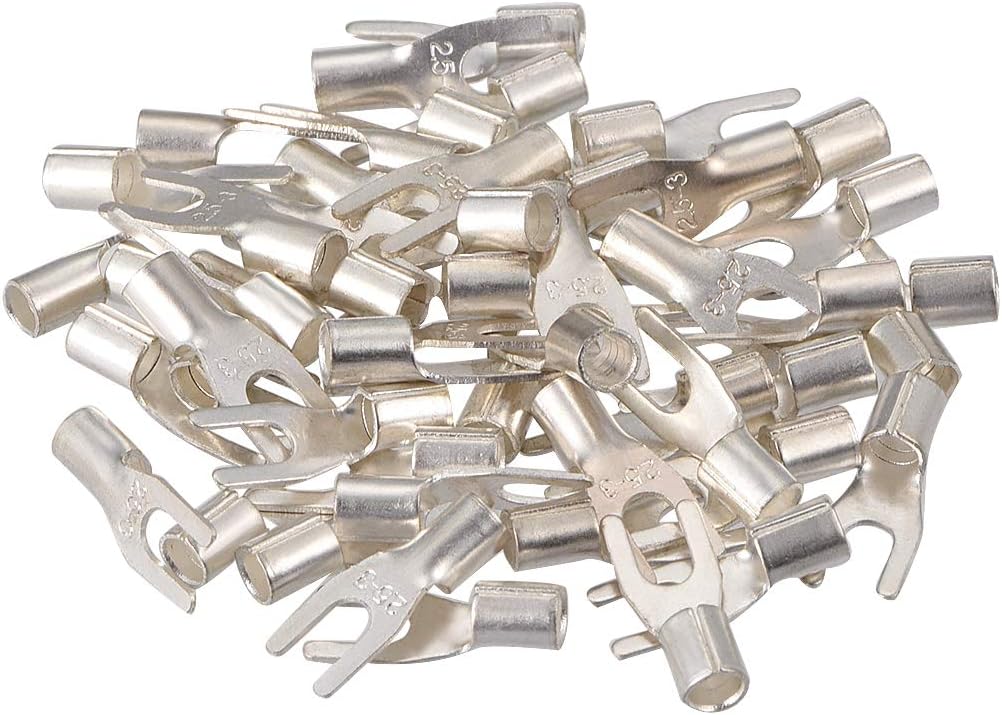 50Pcs UT2.5-3 Non-Insulated U-Type Brass Crimp Terminals 2-2.5mm2 Wire Connector Silver Tone