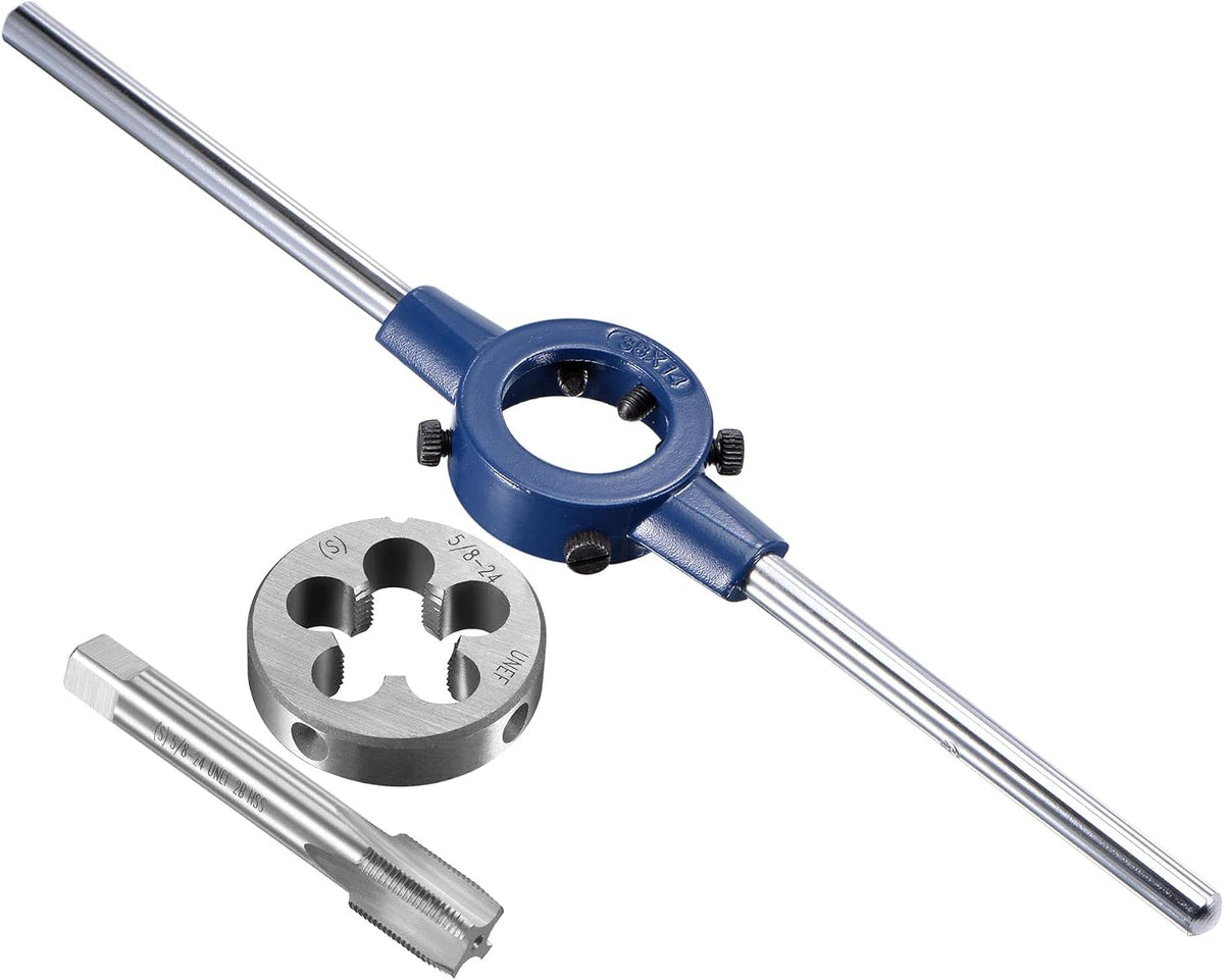 5/8-24 UNEF Tap and Die Set with 38mm Round Die Stock Handle Wrench, High Speed Steel Machine Thread Tap and Round Die Threading Tool