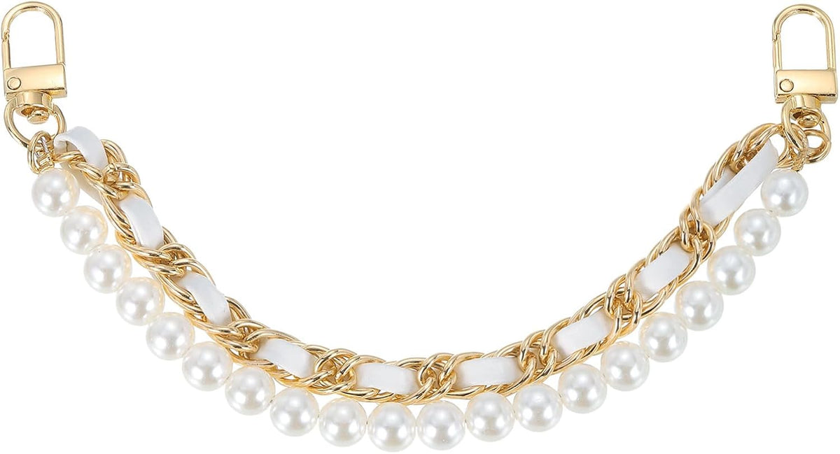 10.2" Pearl Purse Double Chain, Metal Purse Extender Chain, PU Leather Double Handle Wrist Chain, Purse Handbag Strap Replacement Chain, (White, Gold Chain)