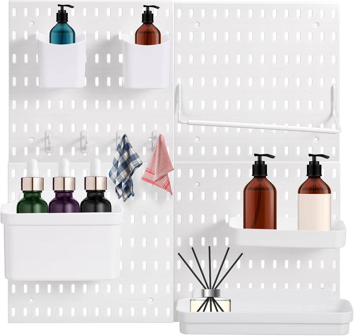 4Pcs Plastic Pegboard Wall Organizer Kit, Wall Mount Pegboard Panel Kits Included Toilet Paper Holder, White Long Hook, Storage Box, Containers, Separator Plate for Garage Office