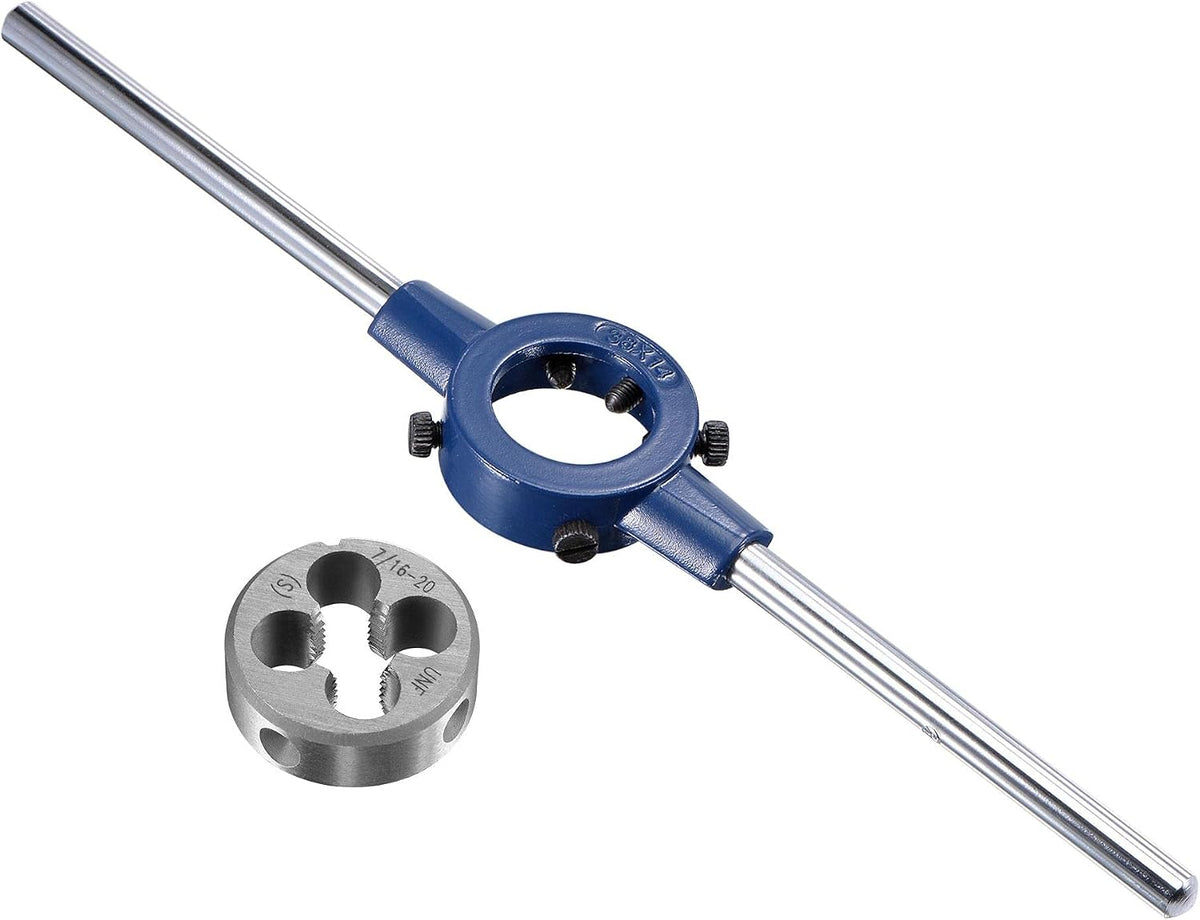 Round Die Stock Handle Wrench Set, 7/16-20 UNF Threading Die and 38mm (1-1/2") Die Holder (Fits: 26mm-38mm OD Die / M12-M16 Thread Die) Adjustable for Bolt Thread Repair