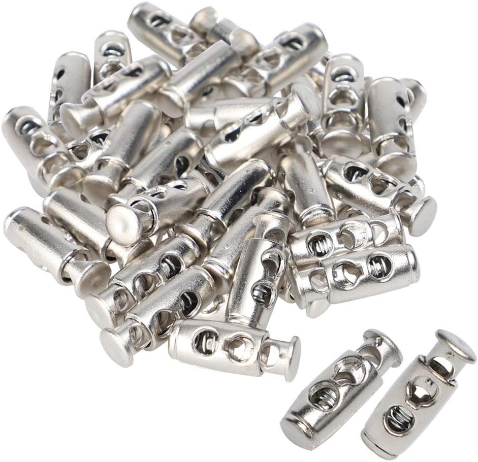 LinkMejor 50pcs Spring Cord Locks Plastic Ends Stopper Double Hole Toggle Fastener Rope Ends for Drawstrings, Shoelaces, Tents, Lanyard, Silver Tone