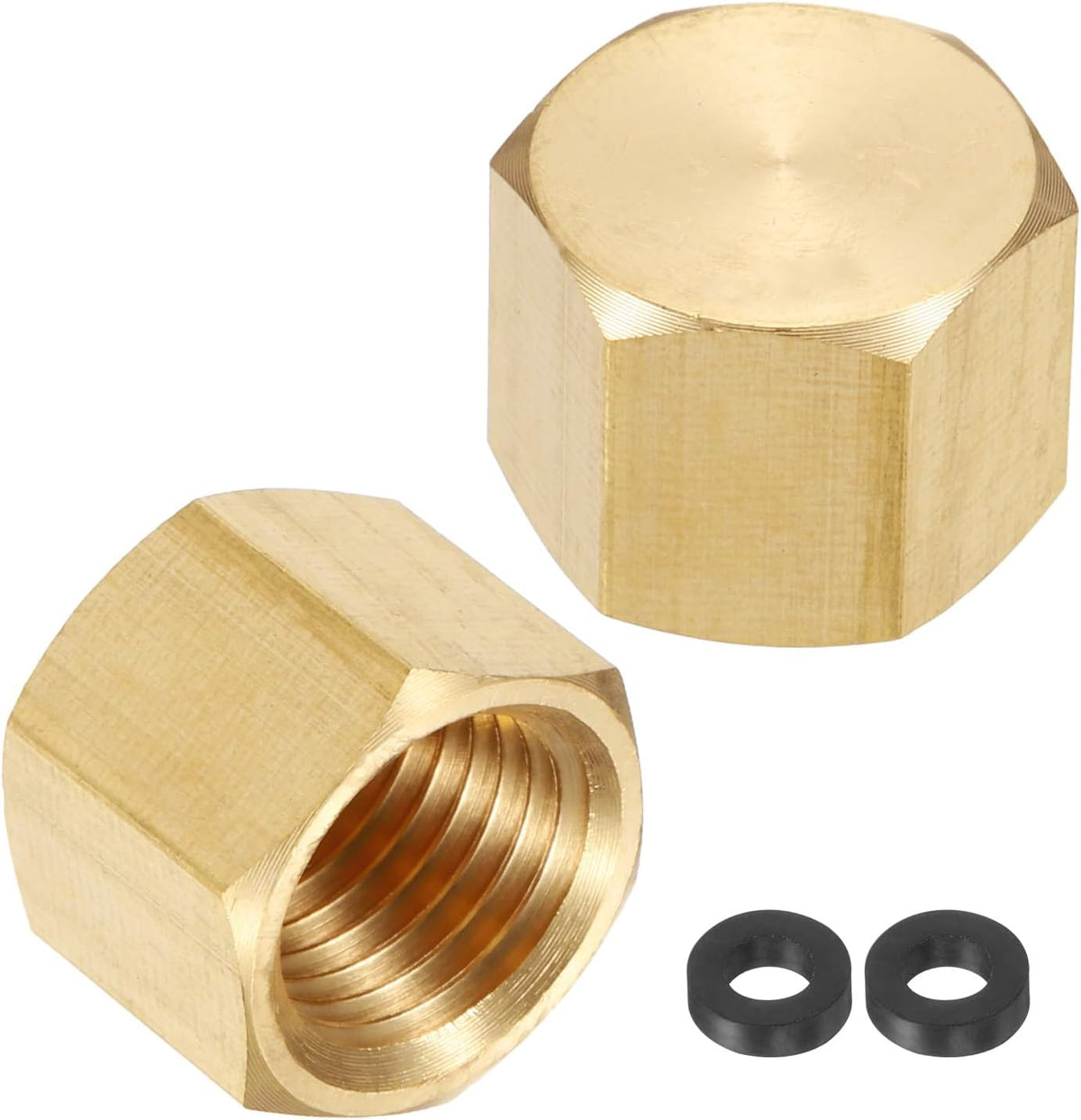 2Pcs Brass Hex Head Plug Compression Cap Fitting Stop Valve Cap, 1/4" NPT Hex Thread Pipe Fitting Flare Cap Tubing Ends Sealing Cap with Gasket for Air Conditioner, Water, Gold