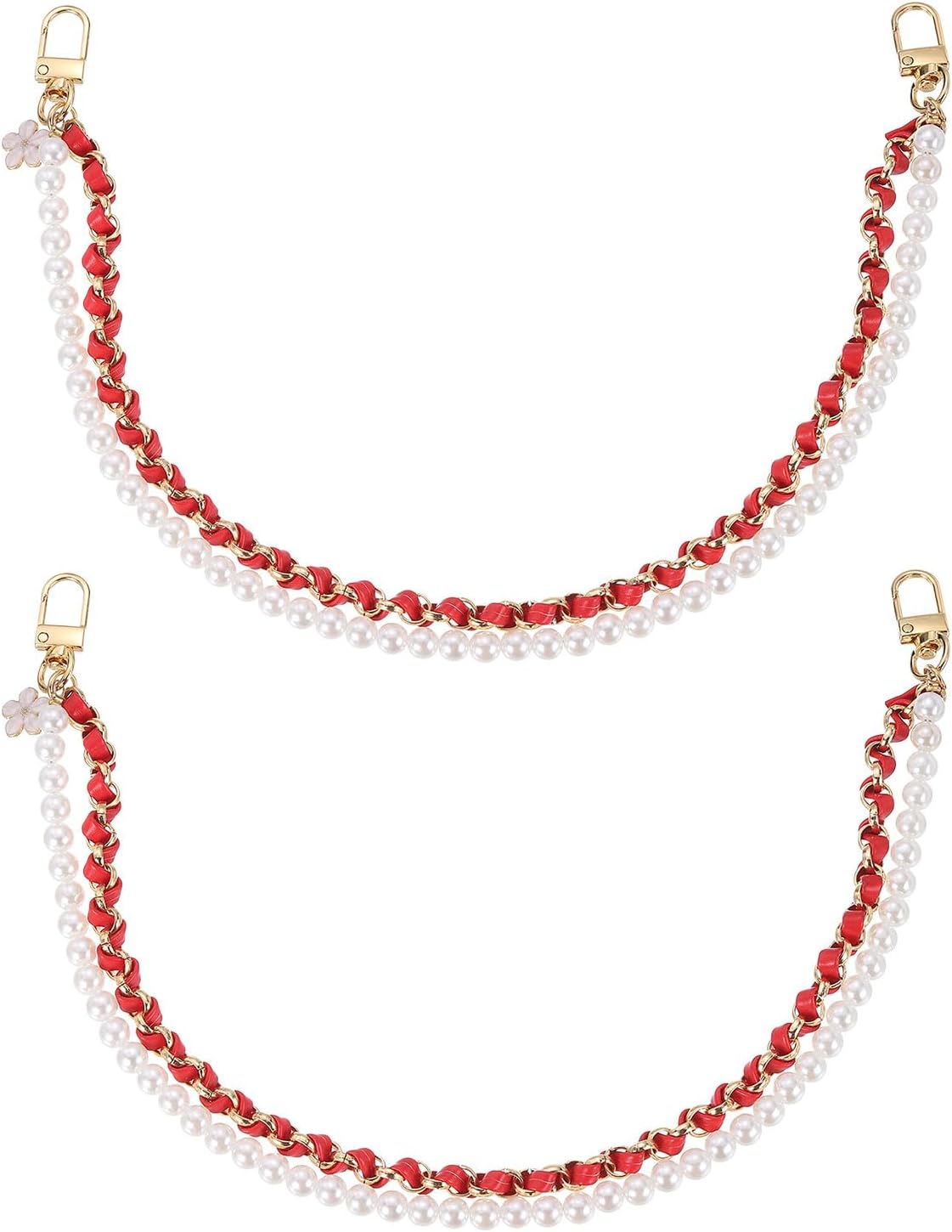 LinkMejor 2Pcs 17.7" Pearl PU Leather Handles w/Expandable Chain (Red, Gold Chain)