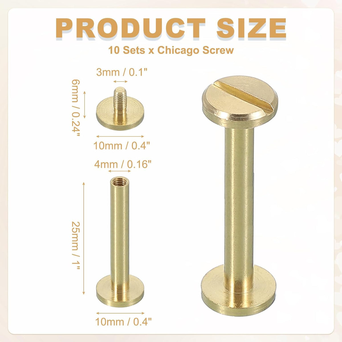 10 Sets Chicago Screw Rivets M4x28mm Metal Phillips Head Post Nail Rivet Stud Screws Connectors for DIY Leather Belt Bag Craft Bookbinding, Brass