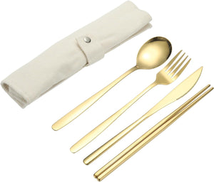 Travel Utensils with Pouch, Stainless Steel Portable Silverware, Gold