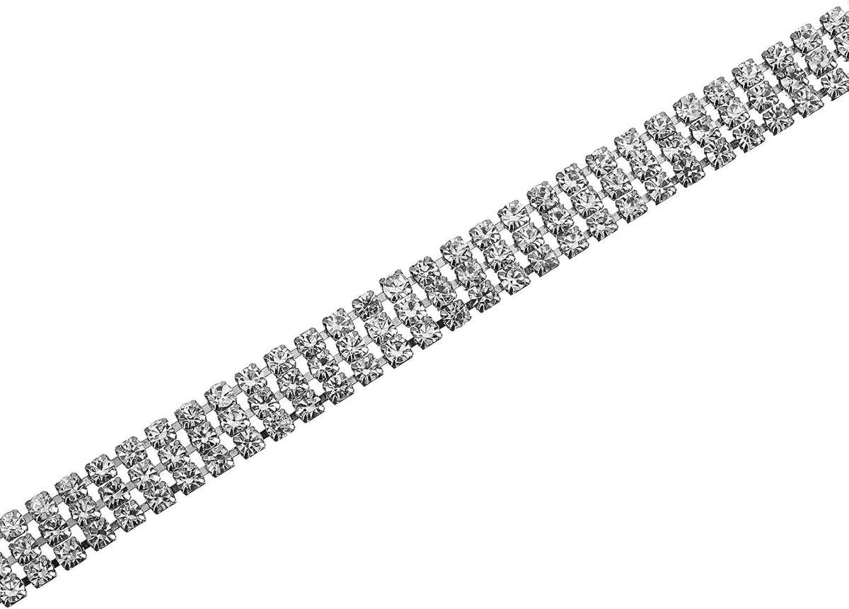 1 Yard 3 Rows 3mm Rhinestone Chain, 9mm Bling Crystal Close Claw Chain Trim for DIY Jewelry, Clothing, Bags, Shoe Decoration (Silver)