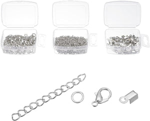 Jewelry Findings Kit, Fold Over Cord Ends with Lobster Claw Clasps, Extension Chains, Jump Rings for DIY Beading Bracelets Keychains Making, Silver