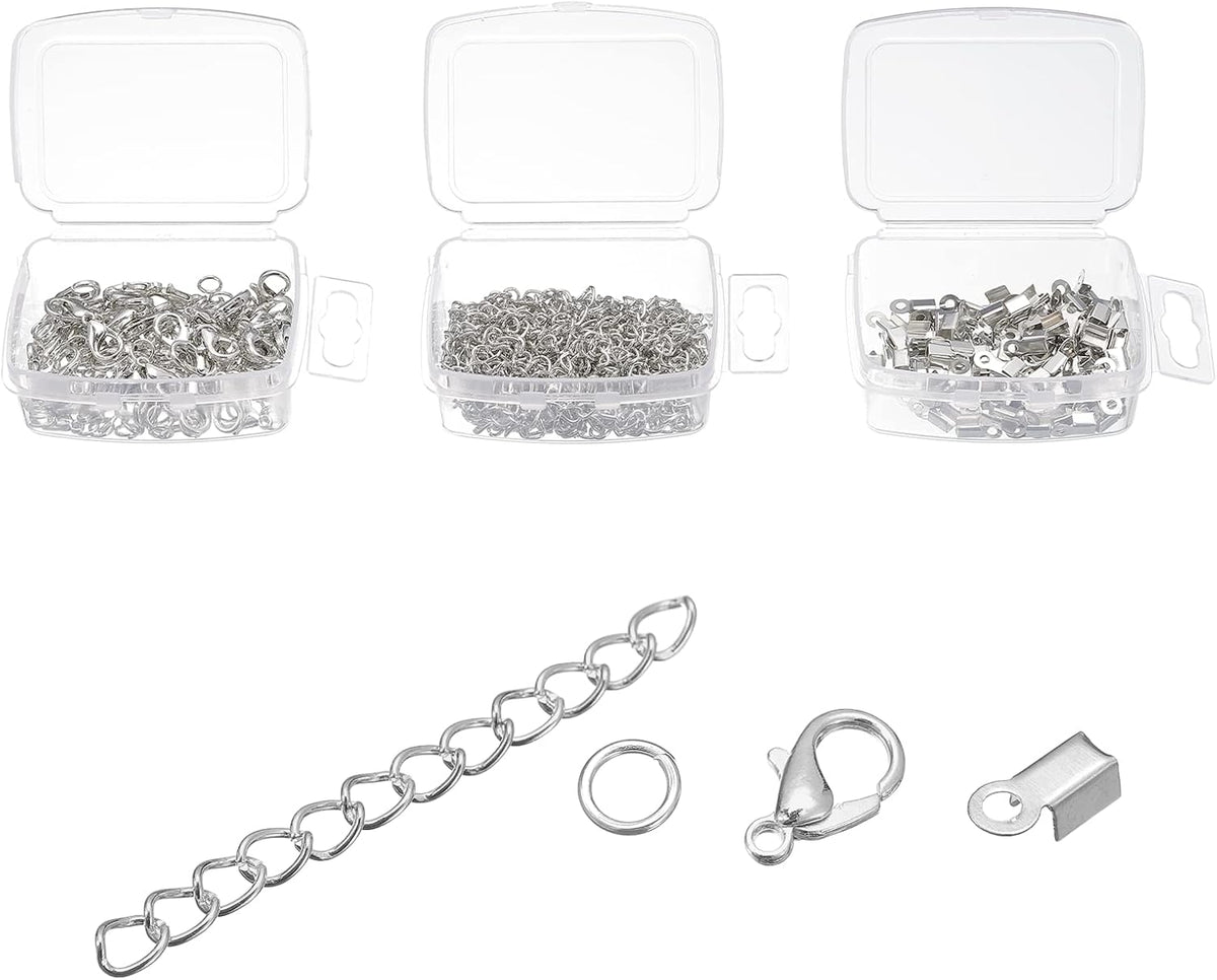 Jewelry Findings Kit, Fold Over Cord Ends with Lobster Claw Clasps, Extension Chains, Jump Rings for DIY Beading Bracelets Keychains Making, Silver