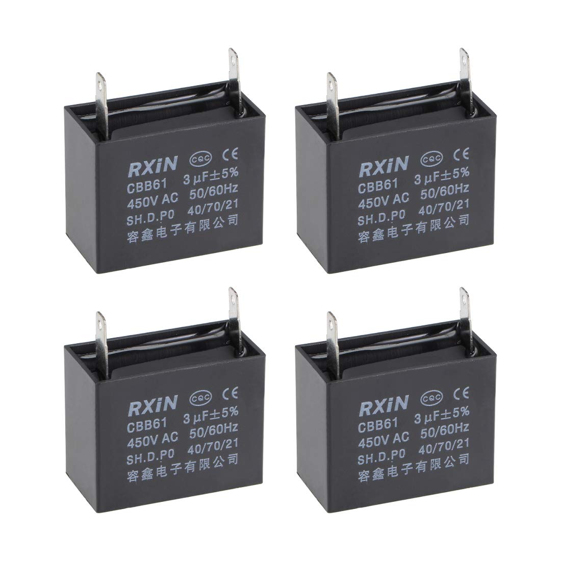 Ceiling Fan Capacitor CBB61 3uF 450V AC Single Insert Metalized Polypropylene Film Capacitors 38x20x30mm for Water Pump Motor Generator, Pack of 4