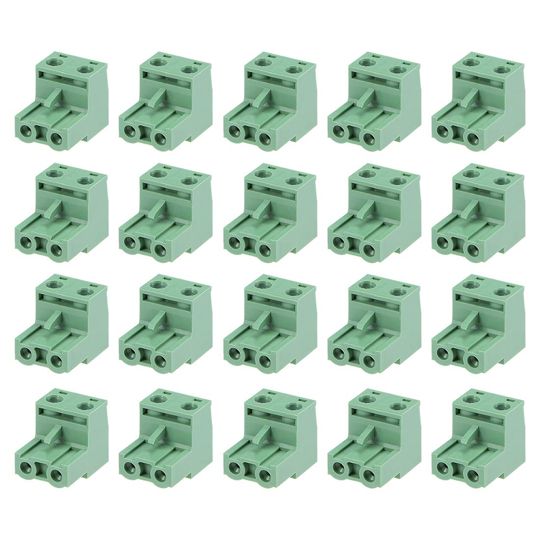 20Pcs AC300V 15A 7.62mm Pitch 2P Flat Angle Needle Seat Insert-in PCB Terminal Block Connector Green