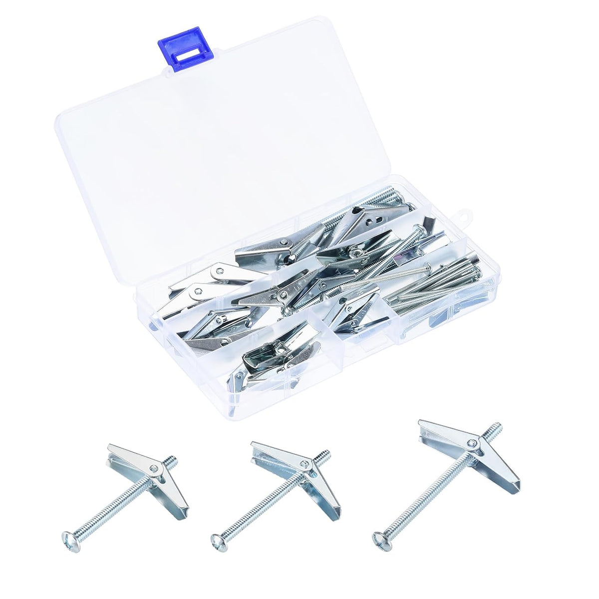 24Pcs Spring Toggle Bolt Anchors, 1/8" 3/16" 1/4" 3 Sizes Butterfly Anchors Male Thread Spring Loaded Hollow Wall Round Head Toggle Bolt