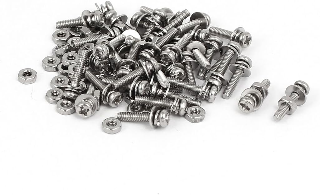 M2 x 10mm 304 Stainless Steel Phillips Pan Head Screws Nuts w Washers 40 Sets