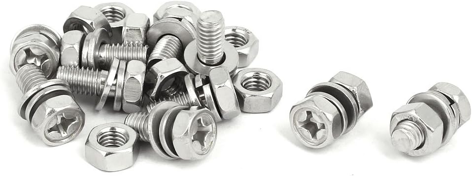 M6x14mm 304 Stainless Steel Phillips Drive Hex Head Screw Nut w Washer 10 Sets