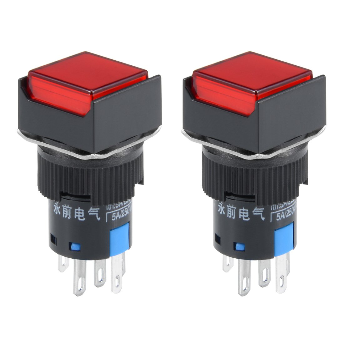 2Pcs 16mm Latching Push Button Switch Red LED Light Square Button SPST 1 No 1 NC Light 12V