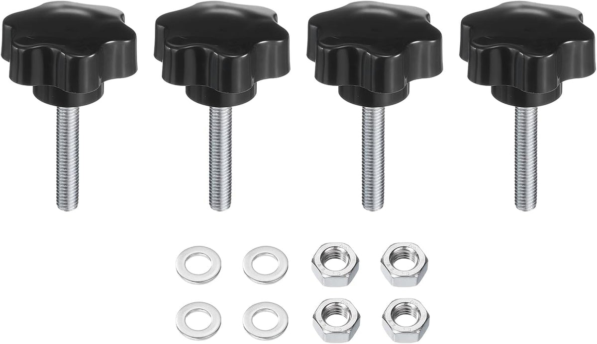 4pcs Star Clamping Knobs with Nuts Washers, M8 x 45mm Metric Zinc Plated Carbon Steel Male Thread 48mm 6-Star Plastic Head, Threaded Stud Hand Knobs Handles Thumb Screws, Black