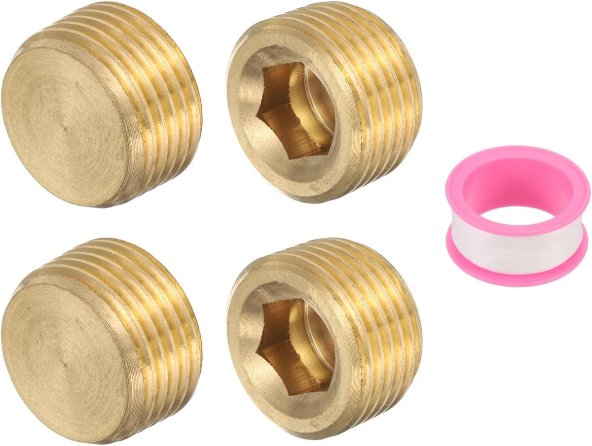 4 Pcs Brass Plug Hex Counter Sunk Plug, G3/8" Male Brass Plug Male Threaded Socket Pipe Plug Fitting Brass Plugs Fitting Hex Head Plug for Water Oil Gas