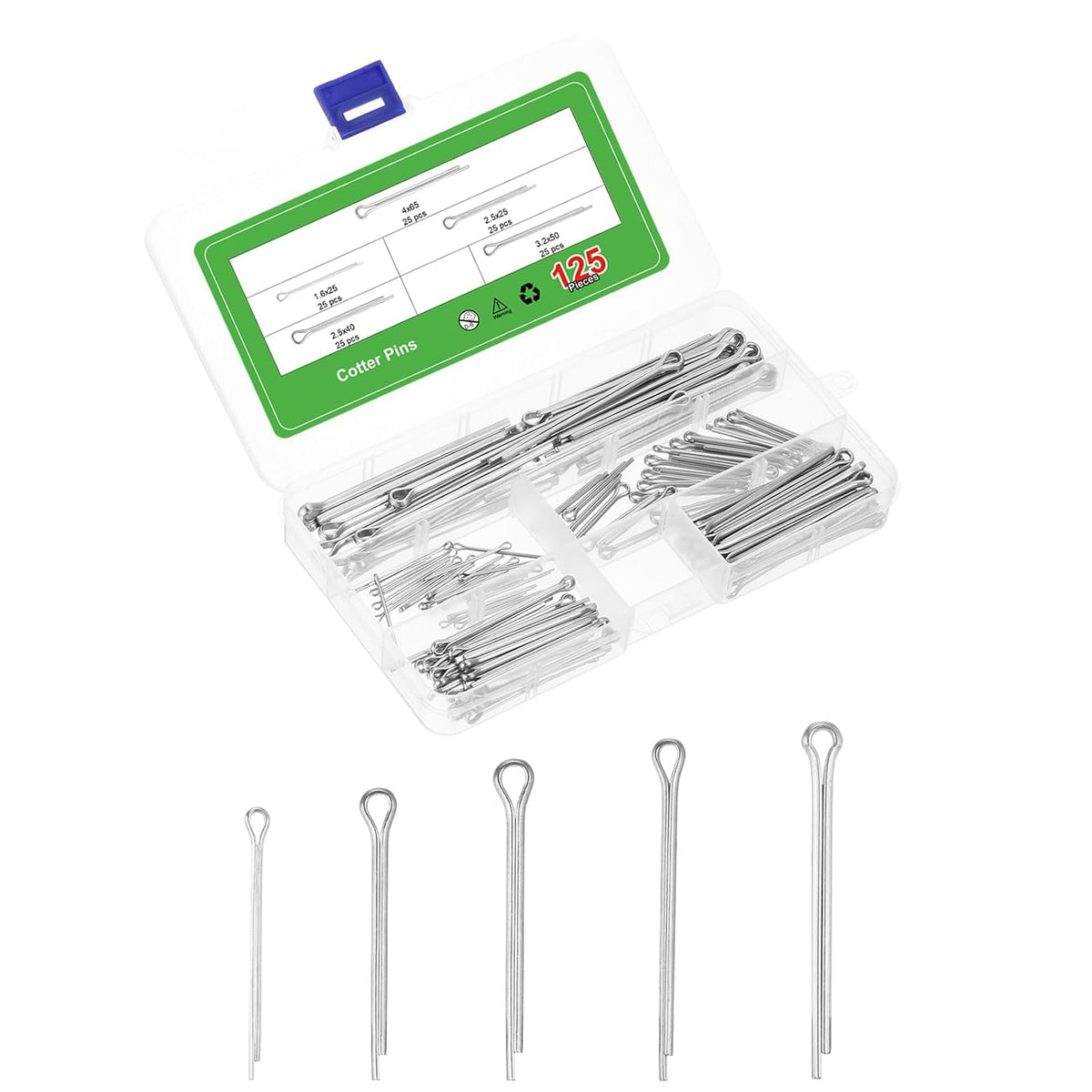 125Pcs 5 Sizes 304 Stainless Steel Cotter Pin Split Pin Assortment Kit, Split Cotter Fastener Clips for Household Appliances, Sports Equipment, Car Mechanics Repair (Silver)