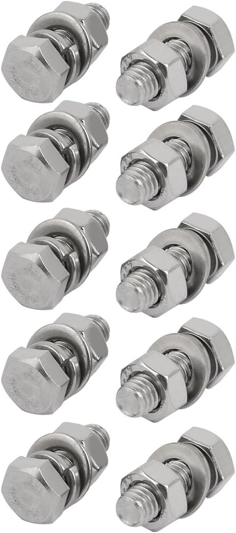 10pcs 304 Stainless Steel M6x20mm Hex Bolts w Nuts and Washers Assortment Kit