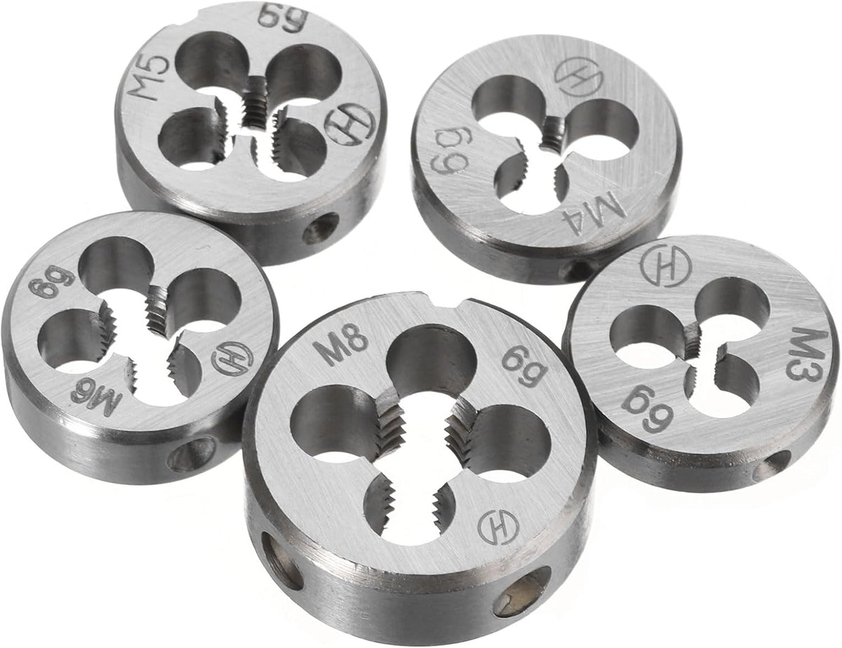 5pcs Metric Thread Die Set M3 x 0.5 M4 x 0.7 M5 x 0.8 M6 x 1.0 M8 x 1.25 Right Hand Thread Round Threading Dies Tool Kit