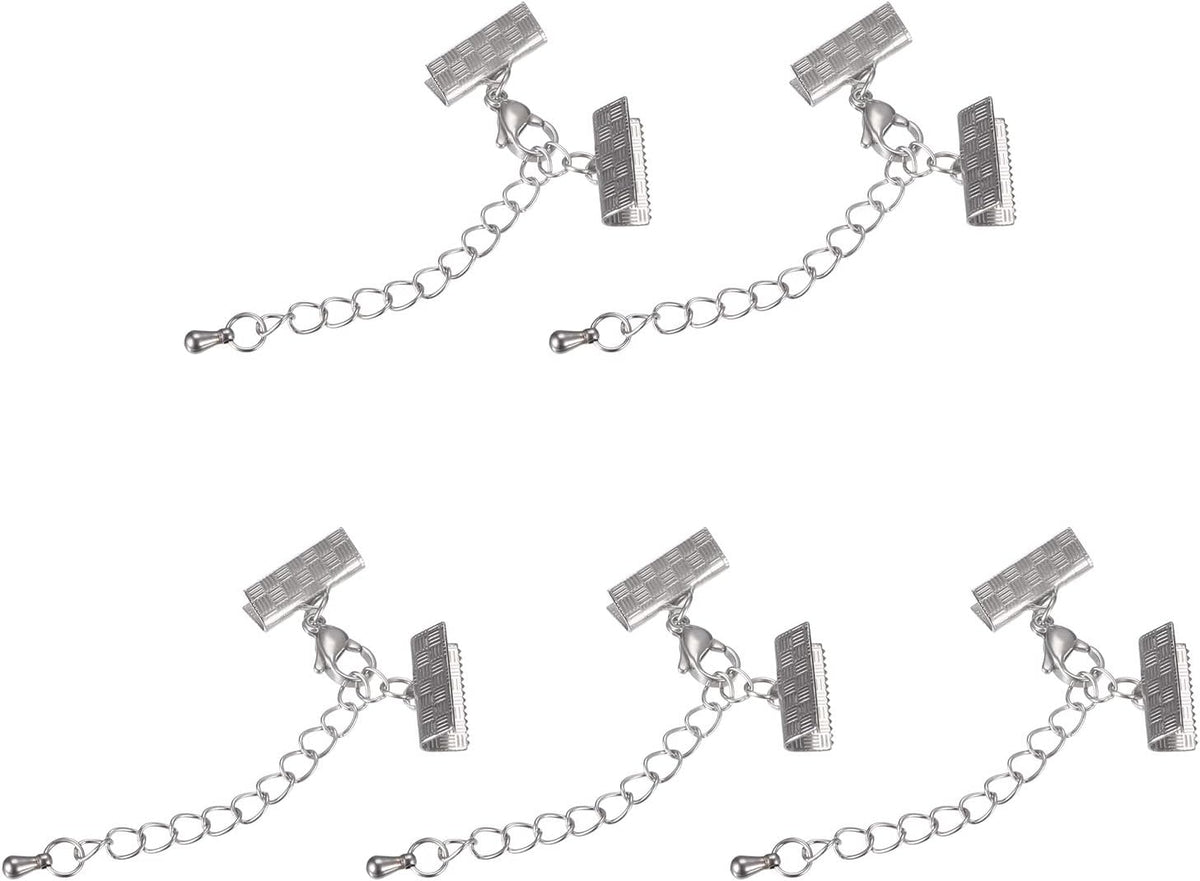 5Sets Ribbon Crimp Clamp Ends with Lobster Claw Clasps & Extension Chain, 13mm Stripe Cord End Clasps for DIY Craft Making, Silver Tone